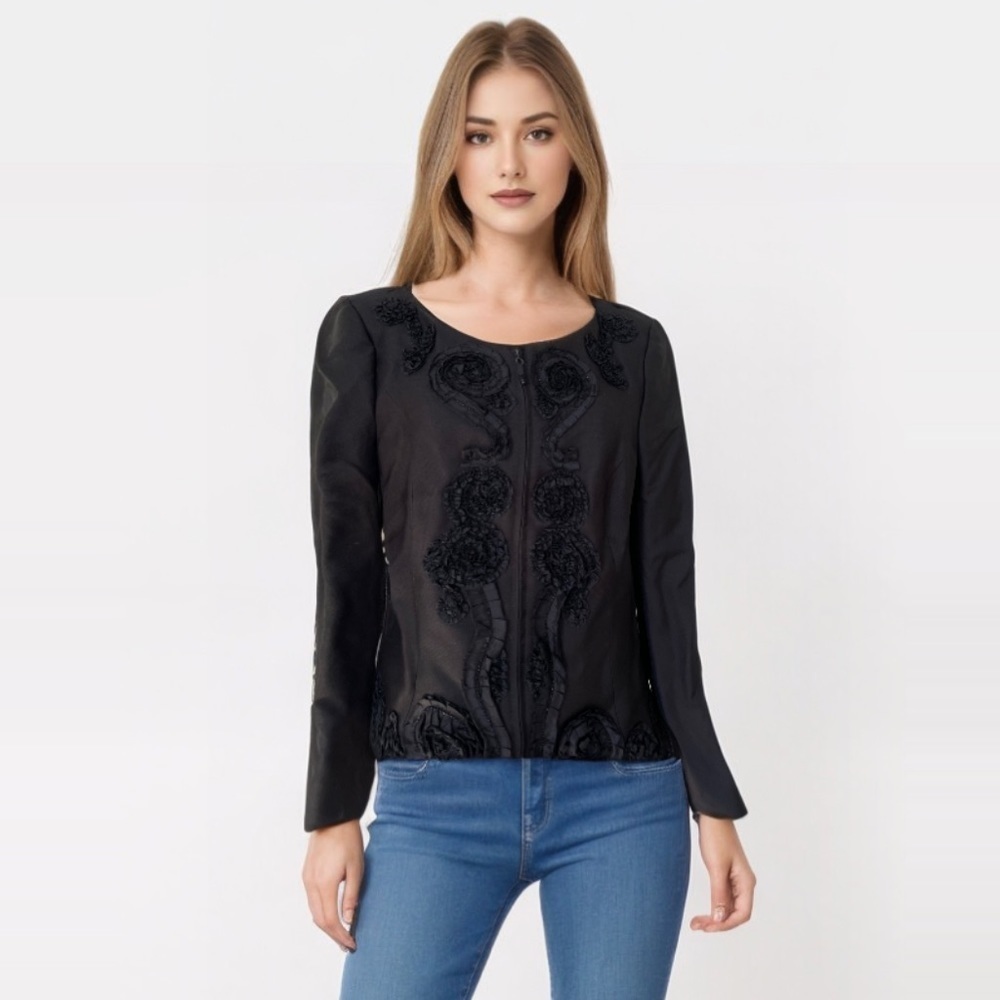 Escada Vintage Silk Blend Black Beaded Rosette Embellished Zip Jacket DE 36 US 6